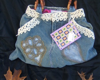 Denim Jean Hand Beaded Painted and Hand Crocheted Lace Purse Boho Upcycled