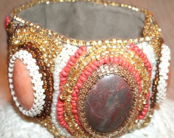 Bown, Gold, Jasper, Seed Bead, Cuff Bracelet, Bead Embroidered, Handmade