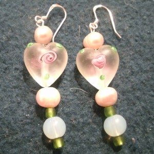 Valentine Pink Painted Glass Heart Bead and Pearl Dangle Earrings image 2