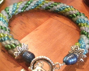 Green Blue Olive Lavender Multi Color Hand Bead Crochet and Pearl Bangle Bracelet