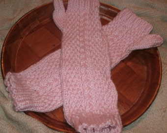 Pale Pink Hand Knit Wrist Warmers Long Fingerless Gloves