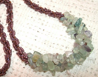 Rainbow Fluorite Chip and Spiral Seed Bead Hand Beaded Necklace Boho Chic