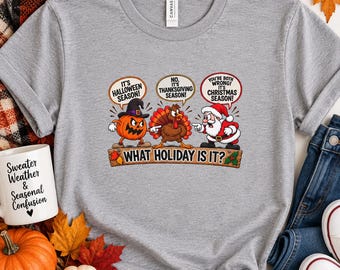 What Holiday Is It? Holiday Characters Adult Unisex T-Shirt | Halloween Thanksgiving Christmas Tee
