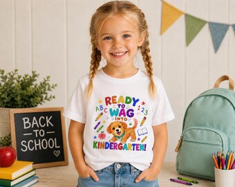 Ready to Wag Into Kindergarten Dog Illustration Kids T-Shirt | Back to School