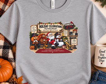 Holiday Celebrations Department Scene T-Shirt | Santa, Turkey, Pumpkin, Penguin