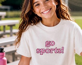 go sports! Youth Tee | Cheer Shirt, Pink Retro Text, Kids Athletic Top