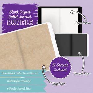 May include: Digital bullet journal bundle with kraft and blackout paper textures. Includes 18 spreads and 6 popular journal sizes. The image features a panda with a paintbrush and palette, and the text "Blank Digital Bullet Journal BUNDLE".