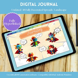 Könnte beinhalten: Ein digitales Journal auf einem Tablet, mit Drachenillustrationen und dem Wort "Journaling". Das Journal ist undatiert und hat 18 vollständig dekorierte Seiten. Ein Stift befindet sich auf der rechten Seite. Der Text oben lautet "DIGITAL JOURNAL".