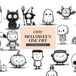 May include: A collection of cute Halloween-themed line art illustrations in black and white. The images include a black cat, witch, ghost, bat, candy corn, toucan, mummy, skeleton, spider, pumpkin, Frankenstein, cauldron, and skull.