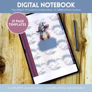 May include: A digital notebook on a wooden surface. The notebook displays a witch illustration with a blue hat and a moonlit sky background. Text includes "DIGITAL NOTEBOOK", "31 PAGE TEMPLATES", and software compatibility information. A stylus pen is next to the notebook.