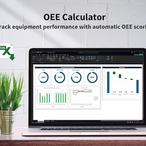 Peut inclure: Un ordinateur portable affiche une interface de calculatrice OEE avec des graphiques et des visualisations de données. L'écran montre des indicateurs de performance clés, notamment les mesures OEE, Disponibilité, Performance et Qualité. Le texte indique "Suivez les performances des équipements avec le calcul automatique de l'OEE."