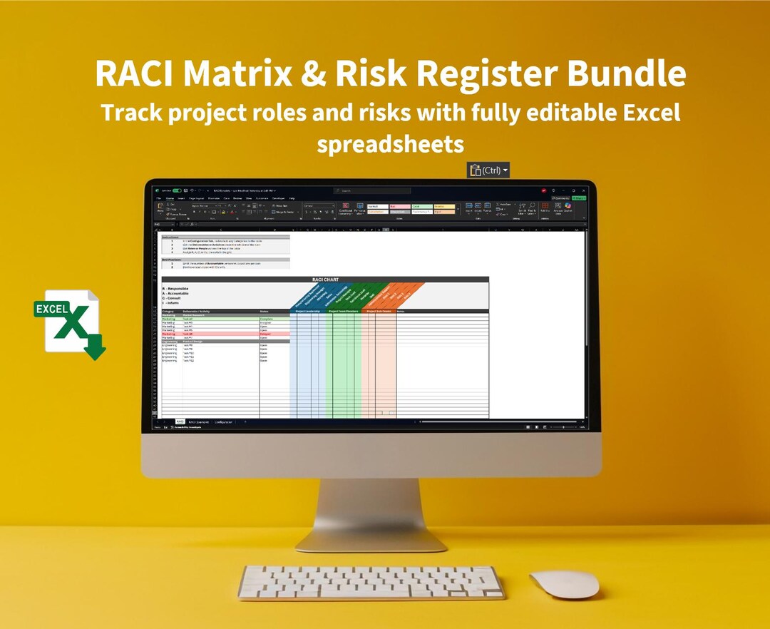 Project Management Excel Template Bundle | RACI Matrix & Risk Register ...