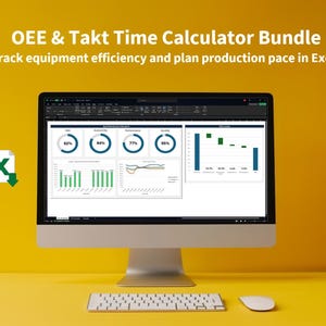 May include: A computer monitor displays an Excel spreadsheet with data visualizations, including charts and graphs. The screen shows performance metrics with percentages. Text at the top reads "OEE & Takt Time Calculator Bundle". A keyboard and mouse are in front of the monitor.