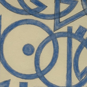 May include: Abstract blue geometric shapes, including circles, lines, and angular forms, are layered on a cream-colored background. The shapes are drawn with a blue pencil, creating a textured effect. The design is reminiscent of a modern art piece.