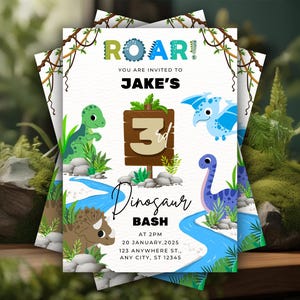 Dinosaur Birthday Invitation | Dinosaur Party Colorful Invite Canva Template | Kids Birthday Card | 5x7 Printable Download | Editable