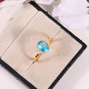 Ovaler Aquamarin Verlobungsring, Moissanit Gruppe, Braut Ehering Gold, Zierliche Blauer Edelstein Ring, Sondergröße, handgemacht