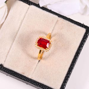 Ruby Ring Vintage Gold, Emerald Cut Ruby Ring, Ruby Dainty Baguette Stacking Ring, 14K Lab Ruby Ring, Genuine Ruby Ring,July Birthstone Ring