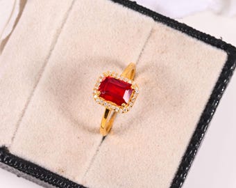 Ruby Ring Vintage Gold, Emerald Cut Ruby Ring, Ruby Dainty Baguette Stacking Ring, 14K Lab Ruby Ring, Genuine Ruby Ring,July Birthstone Ring