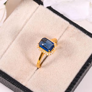 Blue Sapphire Engagement Ring, 14k Gold Emerald Cut Blue Gemstone Ring, Handmade Art Deco Promise Ring, Proposal Gift For Your Loved Ones