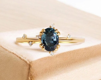 Anello di fidanzamento con zaffiro verde acqua sintetico, anello con zaffiro blu-verde taglio ovale, oro massiccio 14k/18k, fede nuziale, regalo per sposa e anniversario per lei