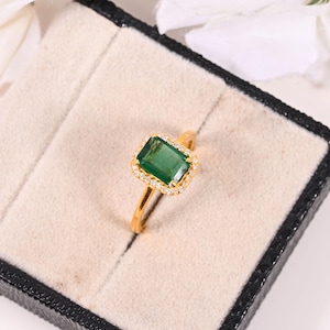 Vintage Emerald Ring, Solid 14K Gold Brilliant 2.10 CT Lab Created Green Emerald Cut Engagement Ring, Halo Moissanite Ring, Gift For Women.
