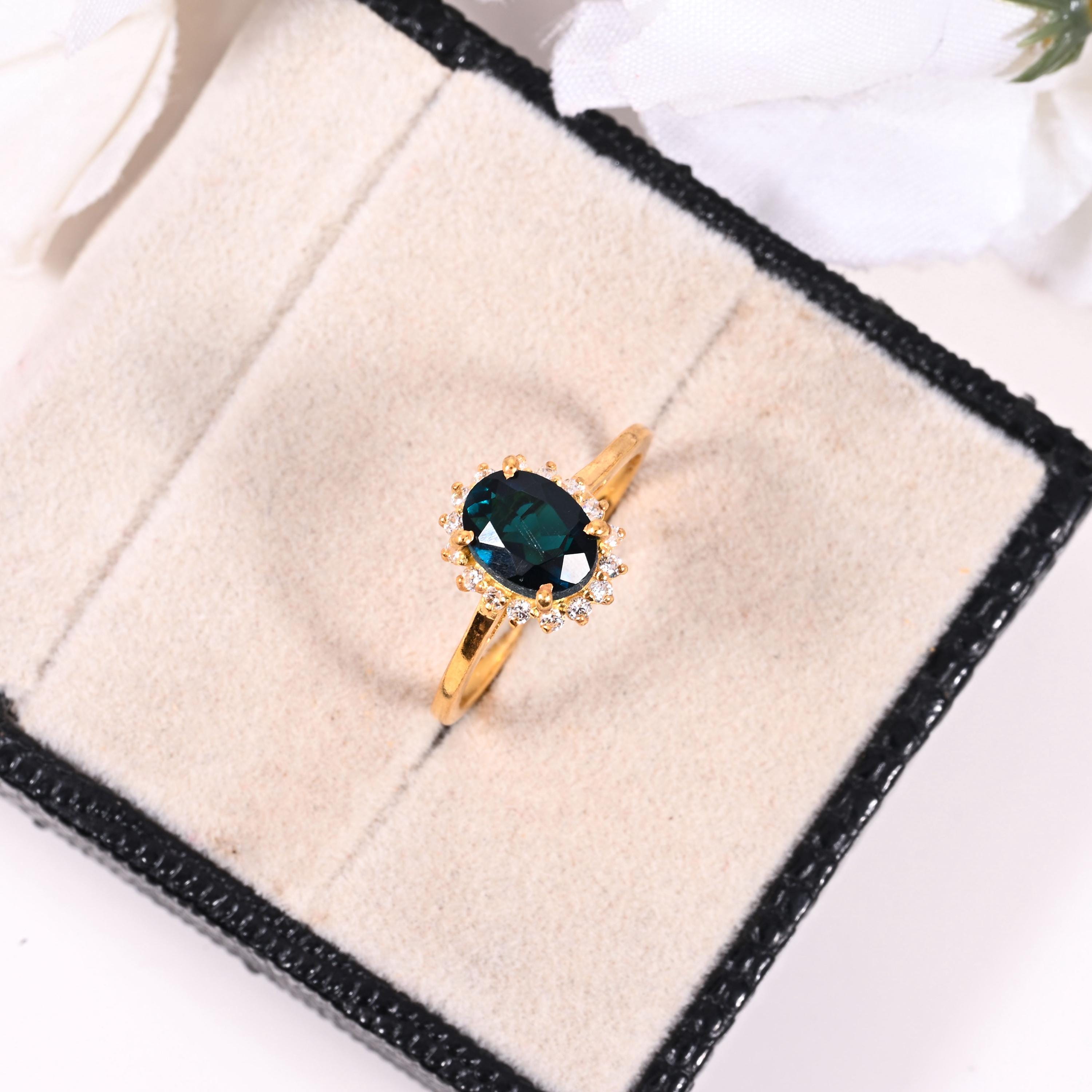 2CT Lab Teal Sapphire Engagement Ring Oval Cut Blue Green Sapphire Yellow Gold Ring Halo Moissanite Unique Wedding Ring Anniversary Ring