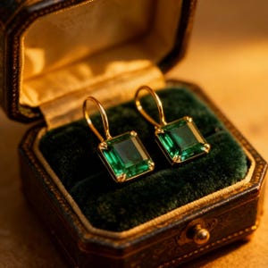Könnte beinhalten: Ein Paar goldene Ohrringe mit smaragdgrünen Edelsteinen im Smaragdschliff. Die Ohrringe werden in einer offenen Schmuckschatulle im Vintage-Stil mit dunkelgrünem Samtinnenraum und goldfarbenem Äußeren präsentiert.