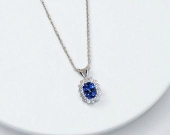 2.5 Ct Oval Cut Halo Royal Blue Sapphire Necklace,Genuine Lab Grown Blue Sapphire Pendant,September Birthstone Gift,Anniversary Gift For Her