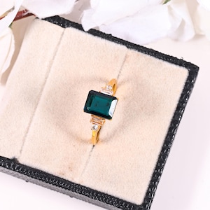 Teal Sapphire Engagement Ring Emerald Cut Solid Yellow Gold Bridal Ring Moissantie Cluster Ring Anniversary Gifts Handmade Ring For Wife