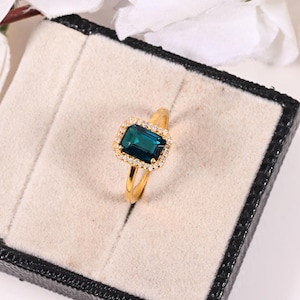 Peacock Green Sapphire Engagement Ring,Danity 2.0CT Emerald Cut Teal Sapphire Wedding Ring Hidden Halo Wedding Promise Anniversary Ring Gift