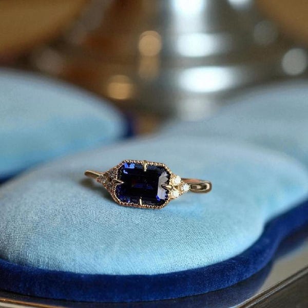 Vintage Emerald Cut blue sapphire engagement ring white gold Round Cut Diamond ring natural sapphire wedding ring band women jewelry