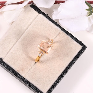 Vintage Morganite Ring- Sterling Silver Emerald Cut Peachy Pink Morganite Engagement Ring- Promise Ring Anniversary Birthday Gift For Her