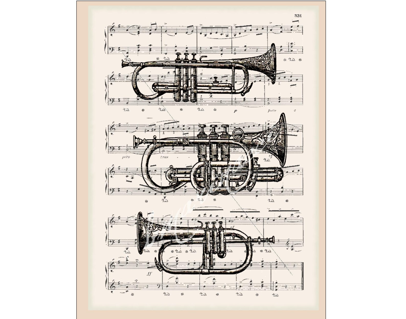 Horns musical instrument Trumpet Dictionary art print Sheet Etsy