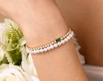 Bracciale personalizzato con perle e pietra portafortuna, gioielli con perle d'acqua dolce, regalo per damigella d'onore, regalo per testimone di nozze, bracciale da sposa per donna