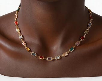 Colorful Gemstone Necklace, Dainty Multicolor Necklace, Rainbow Gold Chain Necklace, Collier Femme, Minimalist Jewelry