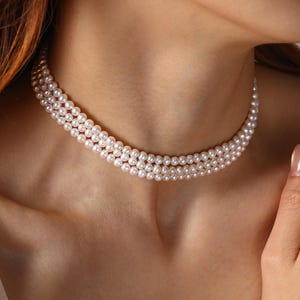 3 Layer Tiny Freshwater Pearl Choker Necklace, Thin Multistrand Pearl Choker, Bridal Choker, Wedding Gift, Bridesmaid Gift, Gift for Her