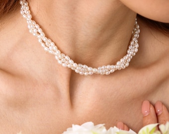 Collana girocollo di perle d'acqua dolce, collana di perle a tre fili, gioielli da sposa con perle, regalo per damigella d'onore, collana di perle vintage