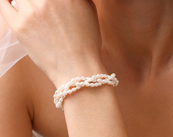 Bracciale di perle d'acqua dolce, bracciale a tre fili di perle, bracciale di perle da sposa, bracciale di perle per matrimonio, elegante regalo di gioielli con perle
