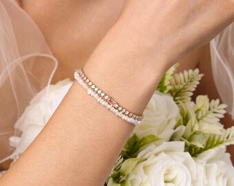 Bracciale personalizzato con perle e pietra portafortuna, bracciale tennis con perle d'acqua dolce, regalo per damigella d'onore, regalo per testimone di nozze, gioielli da matrimonio