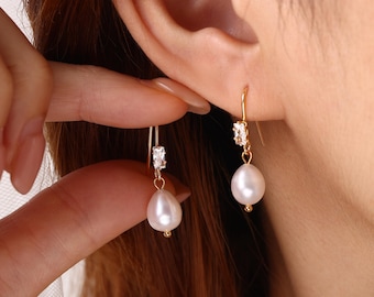 Orecchini pendenti con diamanti e perle, orecchini da sposa con perle, gioielli da matrimonio, orecchini pendenti con perle, regalo per lei