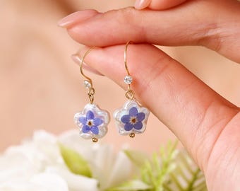 Orecchini barocchi con perle "Non ti scordar di me", in argento sterling 925, orecchini da sposa, orecchini da damigella d'onore, gioielli con perle a forma di fiore