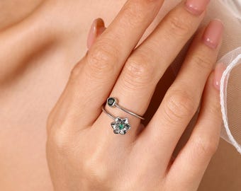 Anello personalizzato con fiore del mese di nascita per damigella d'onore, anello regolabile con pietra portafortuna, regalo per damigella d'onore, gioiello di compleanno