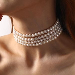 4 Layered Pearl Choker, Natural Freshwater Pearl Necklace, Multistrand Pearl Necklace, Wedding Necklace, Bridesmaid Gifts,  Gift for Her