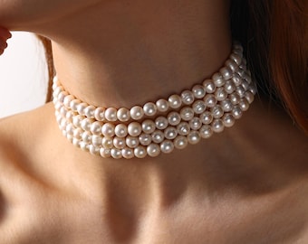 Collana girocollo di perle a 4 strati, girocollo da sposa con perle d'acqua dolce, collana di perle a più fili, gioielli da matrimonio, collana di perle di grande effetto