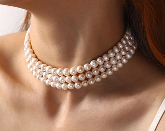 Statement Pearl Bridal Choker Necklace, 3 Layer Freshwater Pearl Wedding Necklace, Chunky Pearl Necklace for Bride, Elegant Bridal Jewelry