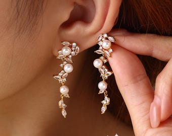 Orecchini da sposa con perle, orecchini da sposa a foglia, orecchini pendenti lunghi da sposa, orecchini con perle d'acqua dolce, gioielli da sposa, orecchini da sposa