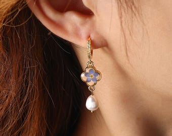 Forget Me Not Bridal Earrings, Pearl Bridesmaid Earrings, Real Flower Wedding Jewelry, Something Blue Earrings, Romantic Floral Gift