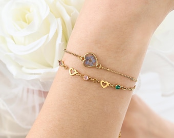 Braccialetto Non ti scordar di me, Braccialetto personalizzato con pietra portafortuna, Braccialetto da damigella d'onore, Delicato braccialetto a doppio strato in oro