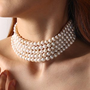 5 Layered Pearl Choker, Natural Freshwater Pearl Necklace, Multistrand Pearl Necklace, Wedding Necklace, Bridesmaid Gifts, Gift for Her