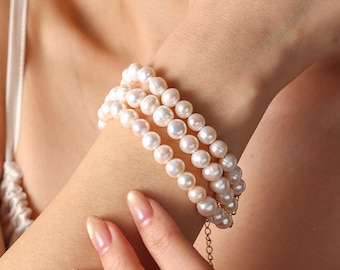 3 Layer Pearl Bracelet, Dainty Freshwater Pearl Bracelet, Elegant Stackable Bracelet, Minimalist Jewelry Gift for Her